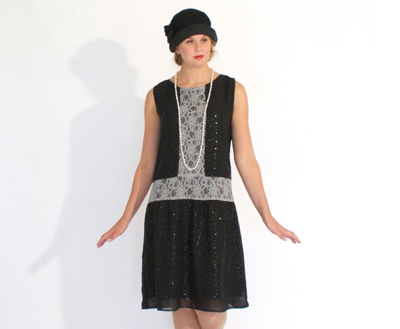Art deco fashion, black and grey flapper dress, Great Gatsby dress, Downton Abbey dress, 1920s flapper dress, black party dress drop waist