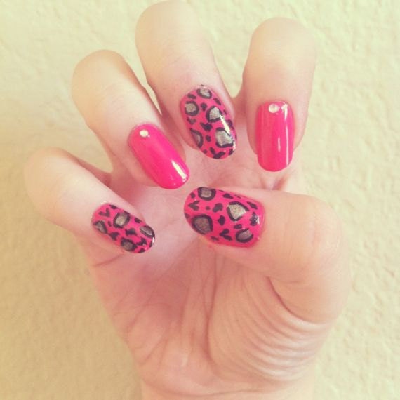 Pink Leopard Acrylic Nails w/ Rhinestones by LetsGetNailed on Etsy