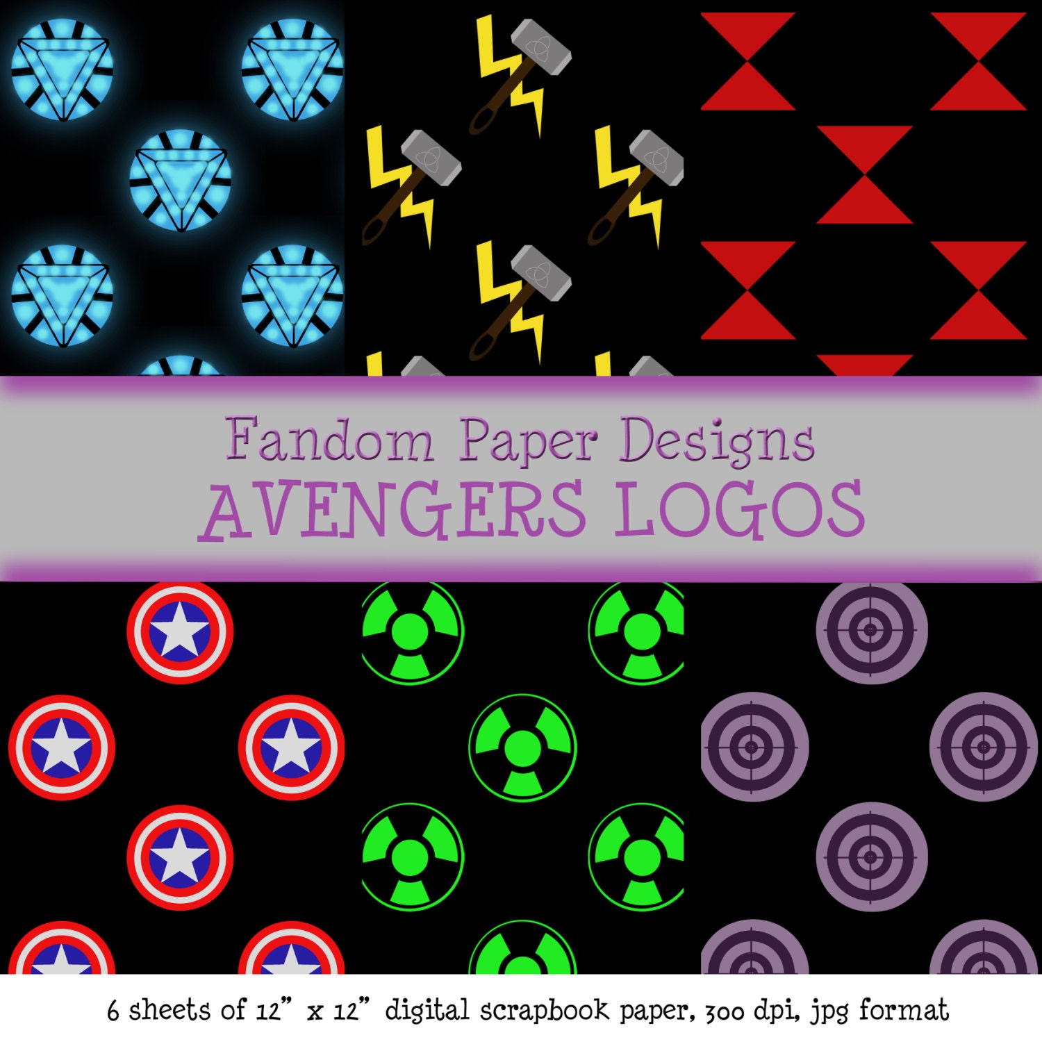 Avengers Logos Digital Scrapbook Paper Six Sheets