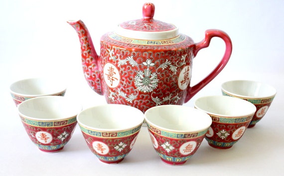 Vintage Chinese Famille Rose Tea Set Teapot With Six Cups