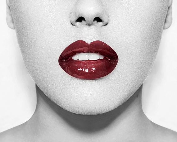 Red Lips Black and White Photography Art Print by ICandyPhotos
