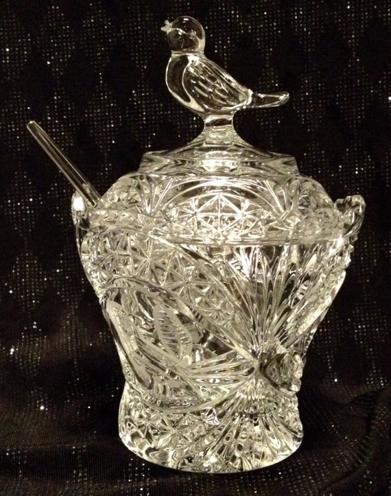 Hofbauer Crystal Lidded Bird Jam/Jelly Jar Byrdes Crystal