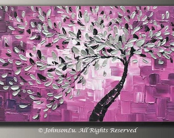 Original modern abstract landscape thick textured impasto palette knife silver flowers tree oil painting on 40x20 Canvas Ready to Hang