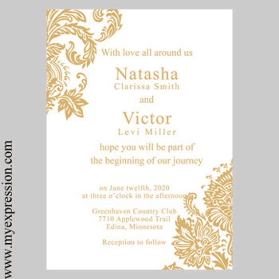 Wedding Invitation Template - Gold Damask - Instant Download ...
