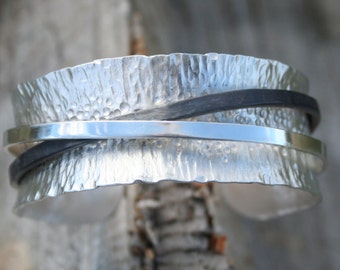 Organic sterling silver cuff bracelet with blackened silver