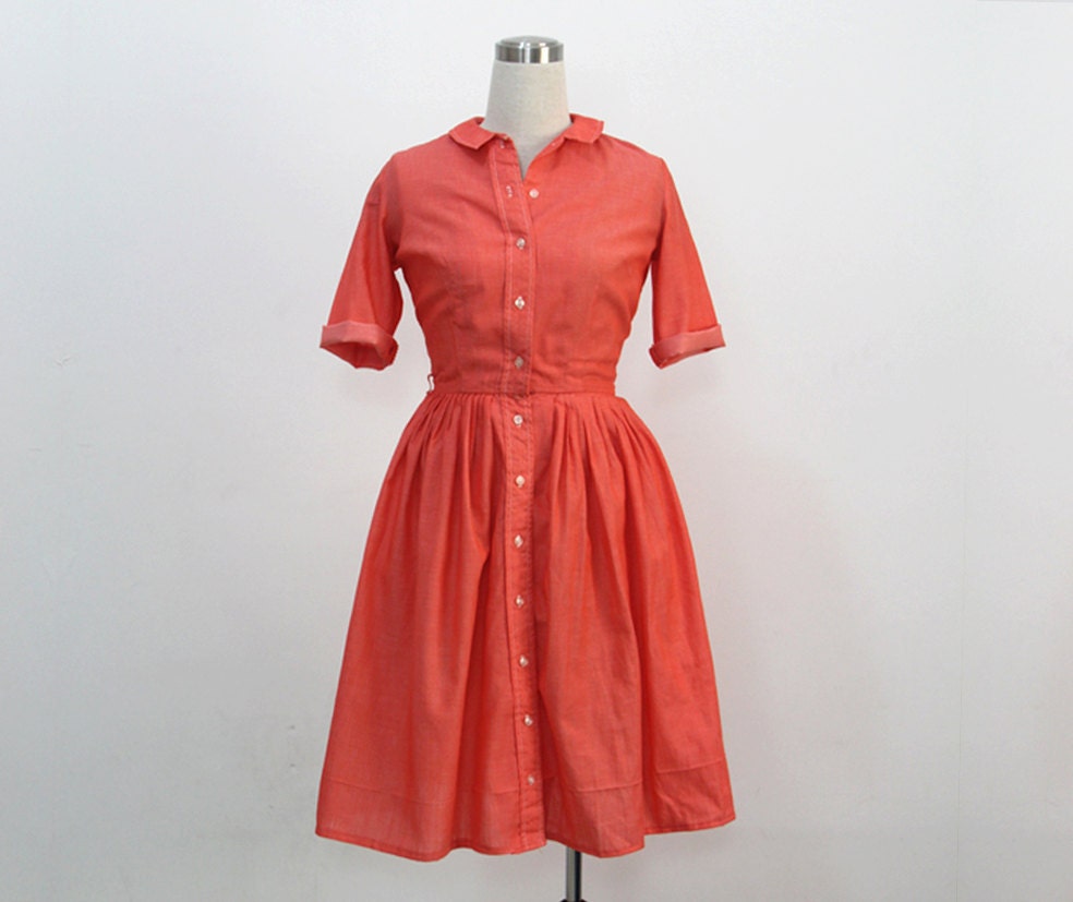 vintage shirtwaist dress  coral midi dress  by 