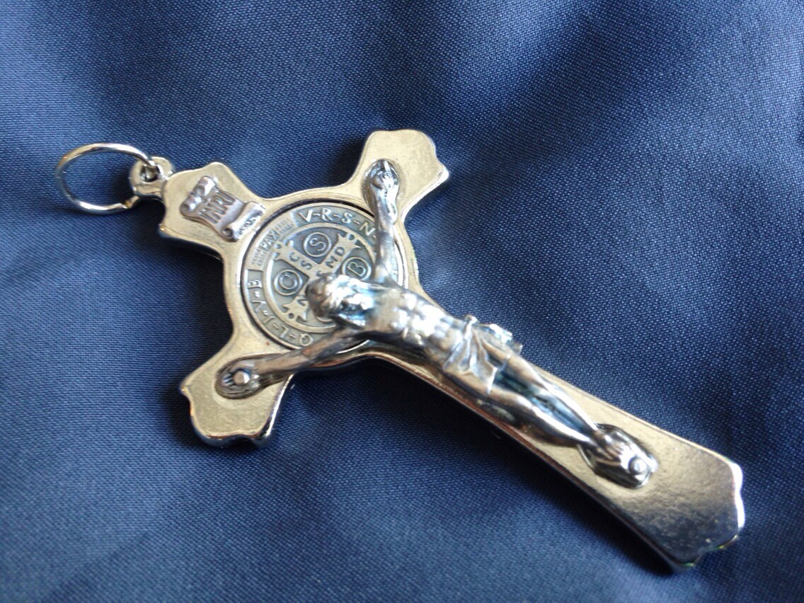 St Benedict Crucifix Medal Antique Silver 3 Tall/