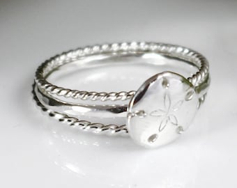 Sand Dollar Stacking RIng Set Beach Jewelry Nautical Jewelry Hammered Ring