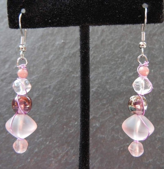 Icy Pink Glass Bead Earrings Wrapped with Rose by KatCKsWraps