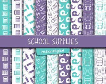 School Digital Paper "School Supplies", Purple Digital Paper, Blue Digital Paper, Back to School Patterns for scrapbooking, cards & crafts