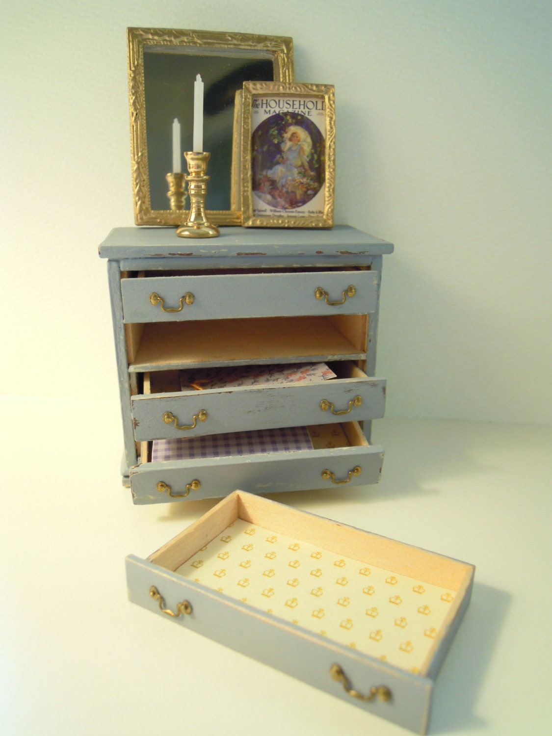 Miniature Dresser with Mirror/Print/Candlestick with Candle