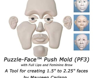 PF3 - Puzzle-Face Mold with Full Lips and Feminine Brow for creating clay faces by Maureen Carlson and Wee Folk Creations