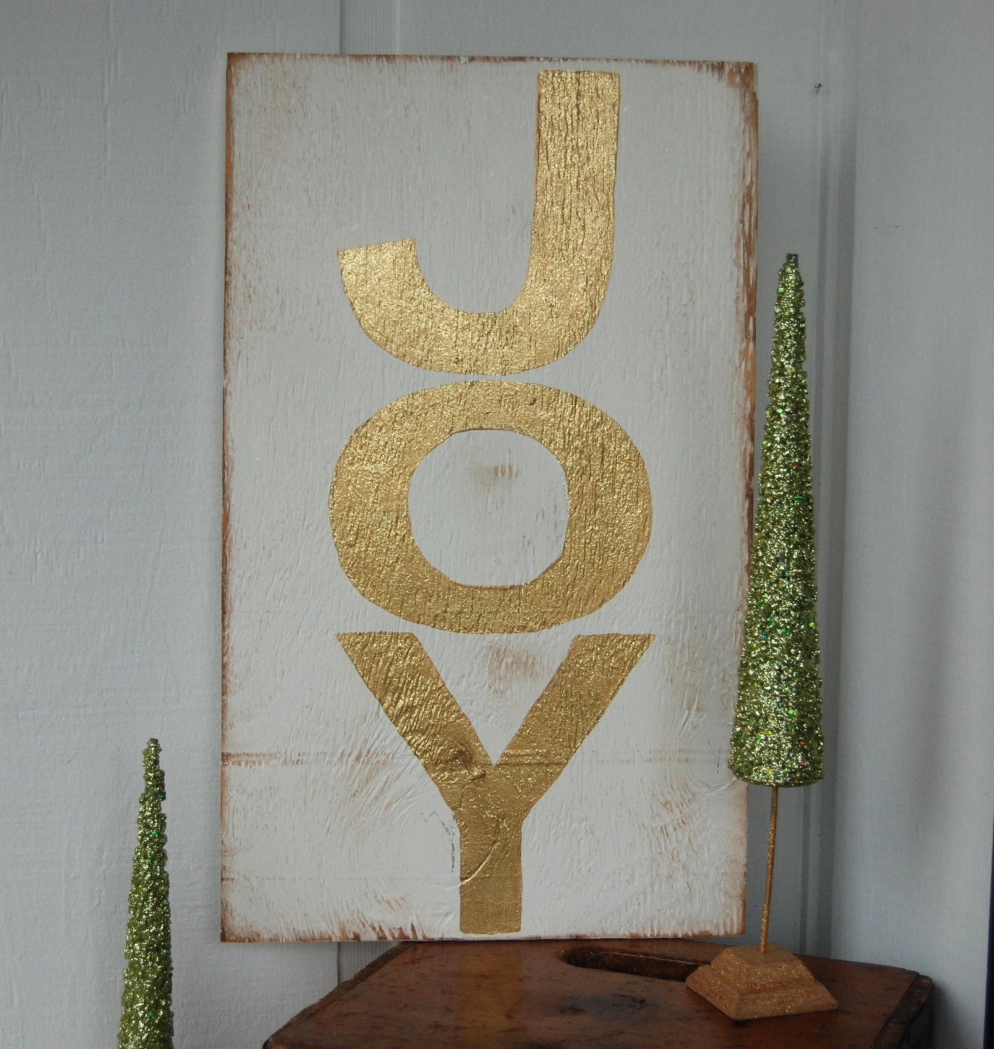 Large JOY Hand Painted Wood Christmas Sign White & Gold