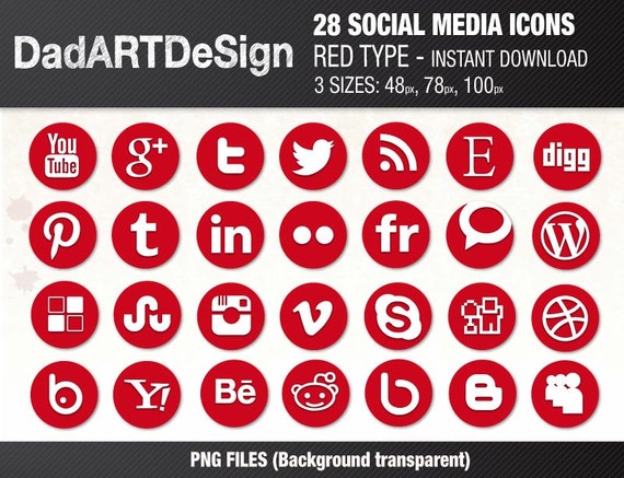 28 SOCIAL MEDIA icons set, Red - Instant Download - 3 sizes