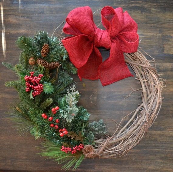 Items similar to Christmas Wreath with Burlap Bow on Etsy