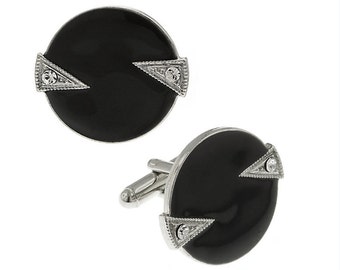 Whistler Cufflinks Round Silver Tone Crystal Black Enamel Round Cuff Links