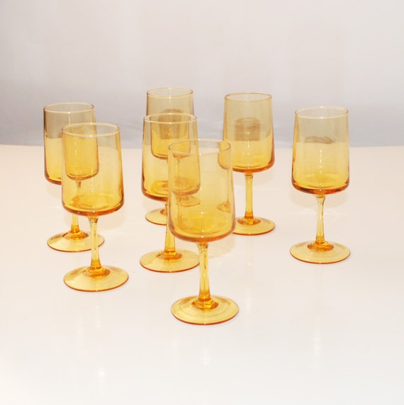 Mid Century Wine Glasses Amber Set of 7 Retro 50s