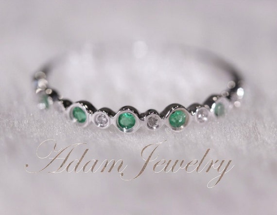 Unique Tsavorite Band Solid 14K White Gold Diamonds Engagement Ring/ Wedding Ring/ Half Eternity Band / Anniversary Ring