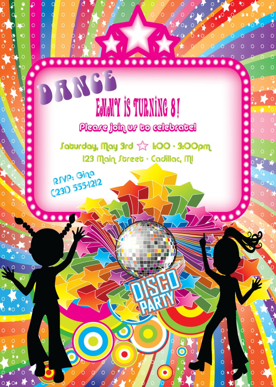 Disco Dance Birthday Invitation Girls Birthday Invitation 4632