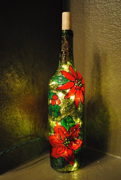 Poinsettia Lighted Wine Bottle