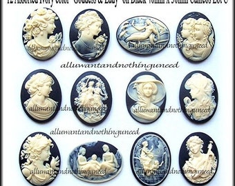 12 Asst. Styles Ivory color on Black 40mm x 30mm Resin GODDESS CAMEOS LOT C for Making Costume Jewelry
