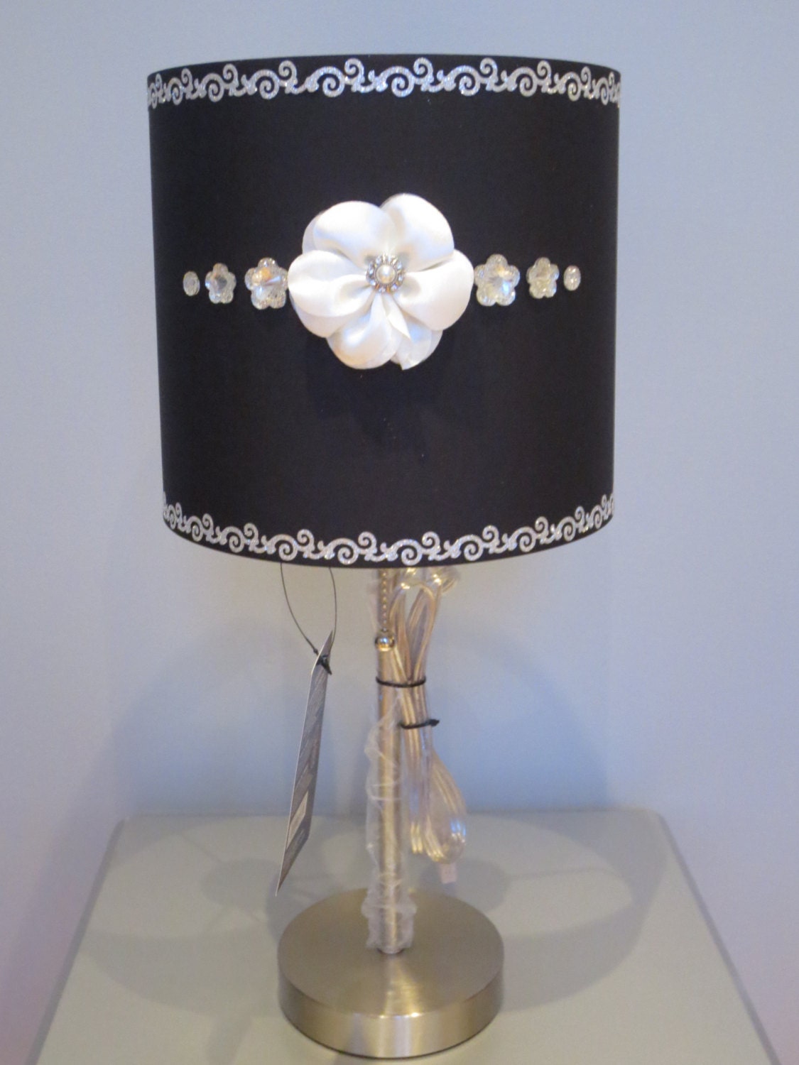 Girly Glam Lamp with an edge black shade white floral