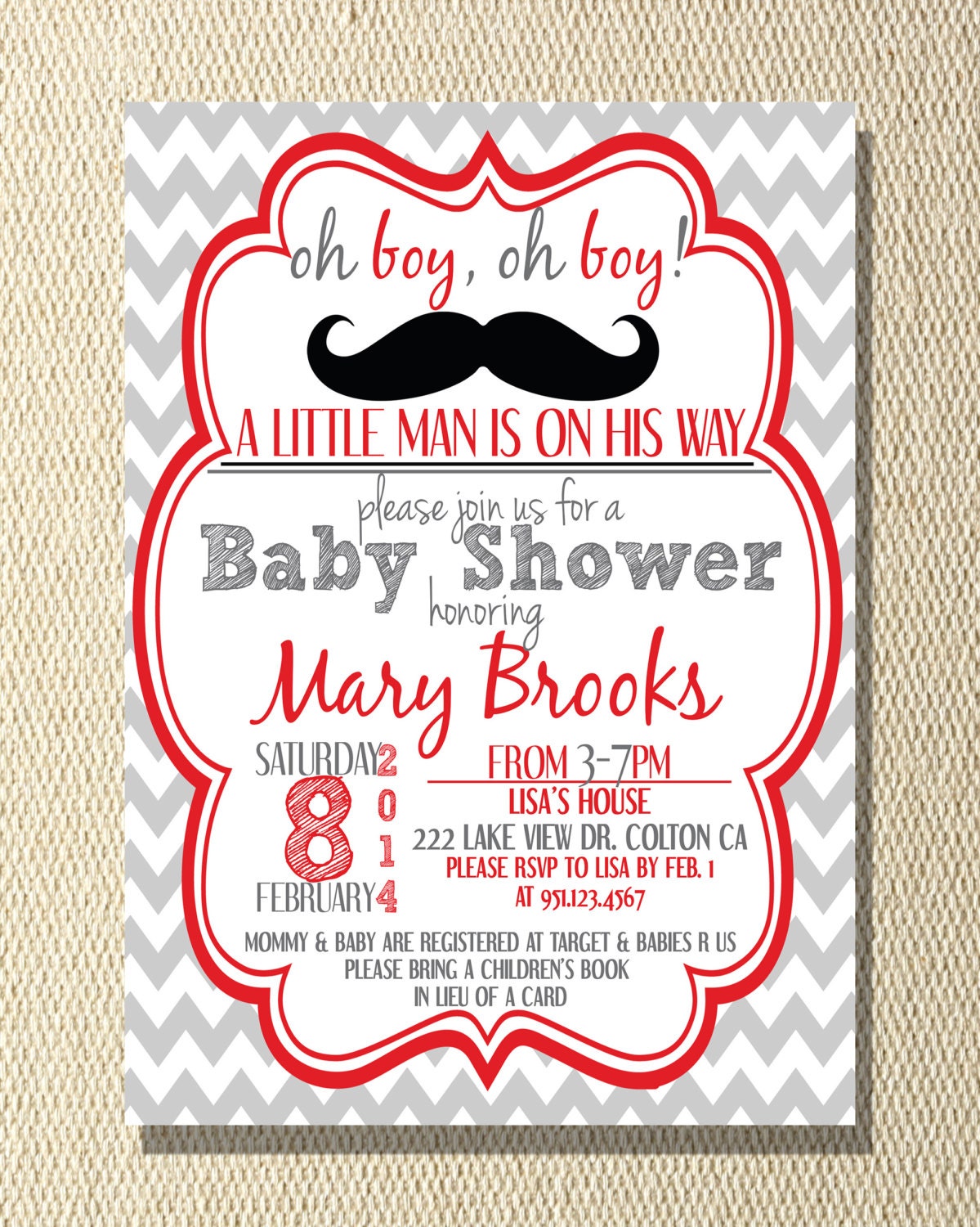 Baby Shower Invitation Chevron Mustache Red Black Grey Oh Boy