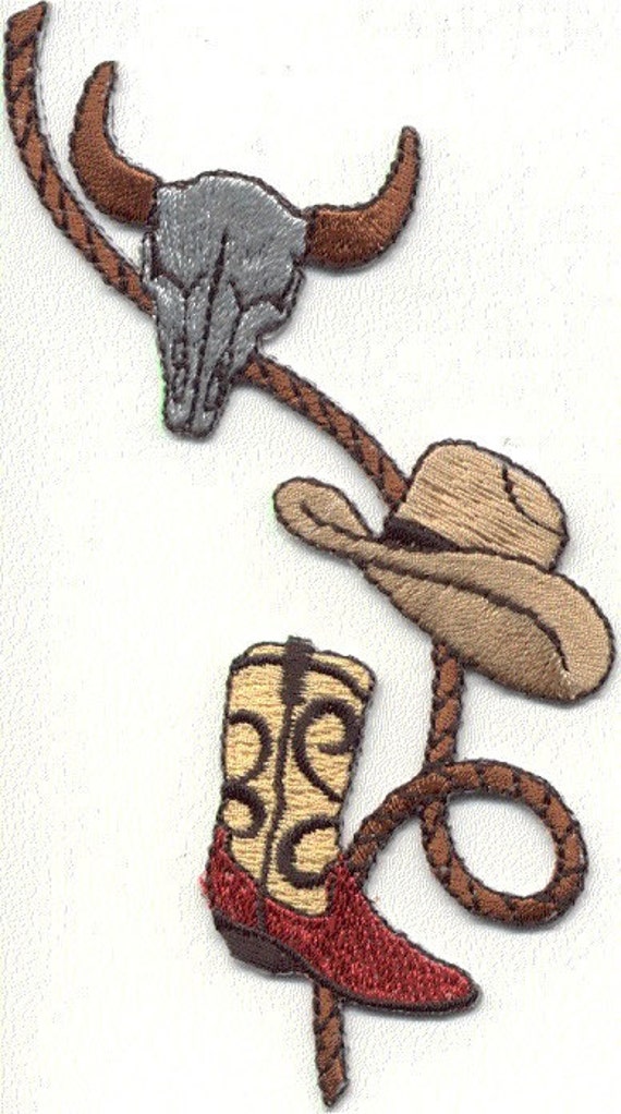 Items similar to Western Country cowboy Rope boots hat skull patch Sew ...