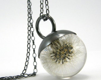 Magic Dandelion Necklace, Dandelion Pendant, Sterling Silver Blowball Necklace with Oxidised Silver Cap, Resin Jewelry, Resin Sphere