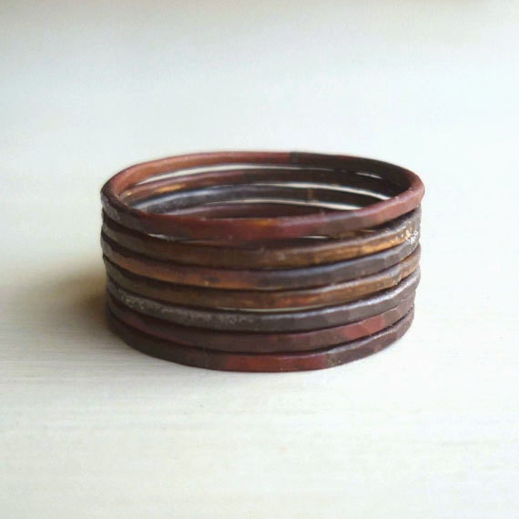 Rustic Stacked Rings - Oxidized - Patina - Hammered - Unisex - Warm - Grey - Industrial Chic - Burnt - Mixed Metal- Stacked Rings- Boho Chic