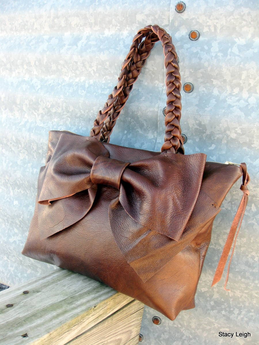 Leather Bow Handbag in Distressed Dark Chestnut Brown Medium