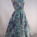 50s Tiki Print Dress Full Skirt One Shoulder Aqua Purple Gold Hawaiian Size Extra Small XS Vintage