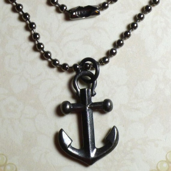Mens Anchor Necklace Gunmetal Black Pewter Anchor Pendant
