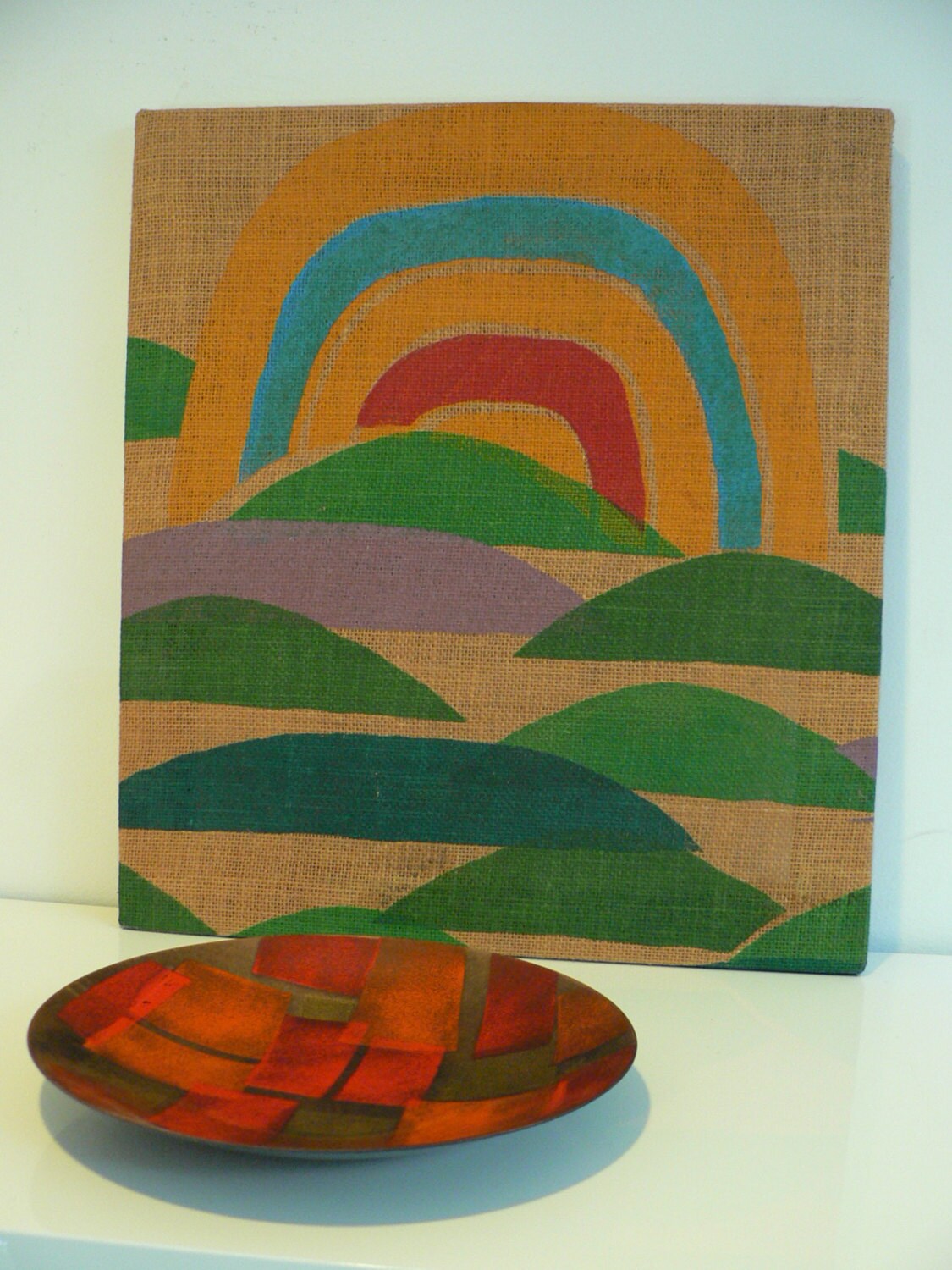 View of 1970s jute textile wall art/ mid century wall art hanging/ mid