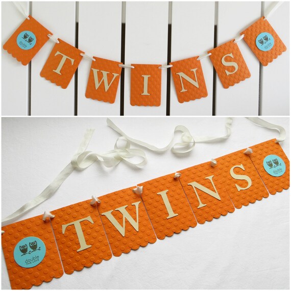 Twins Banner Owls - Embossed Lrg Dots - READY TO SHIP - Twin Baby Shower Decor Twins Garland Il_570xn