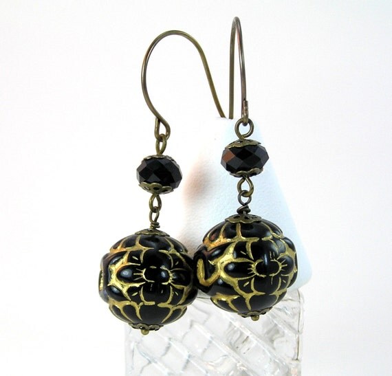 Items similar to Black Vintage Bead Earrings, Black & Gold Earrings, Dangle Earrings, Lucite