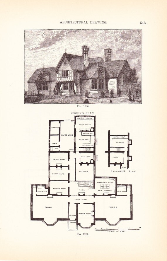 1885 Architecture Print House Blueprint Vintage Antique