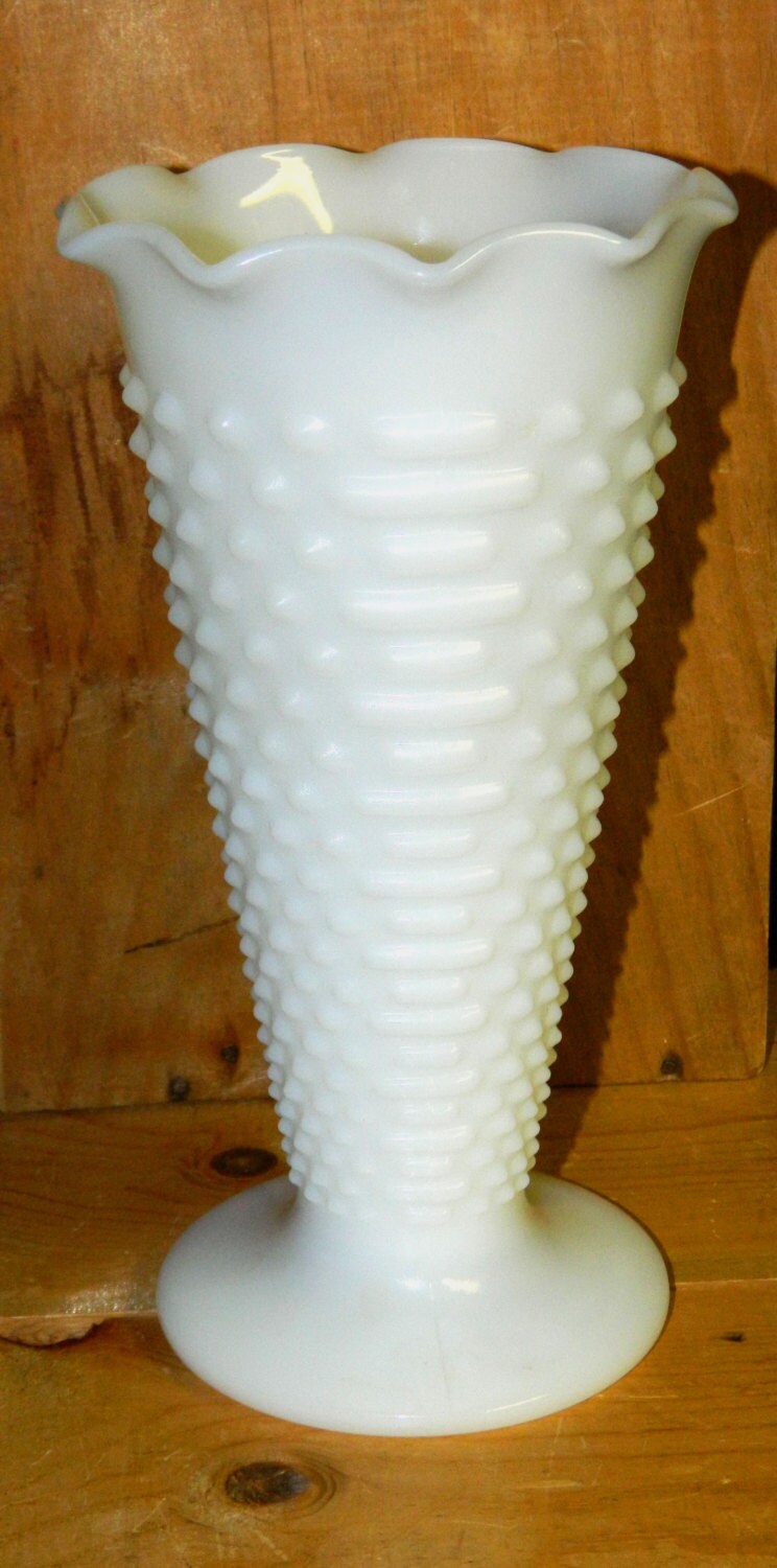Vintage Milk Glass Flower Vase Hobnail Fluted Rim by CrabbyCats
