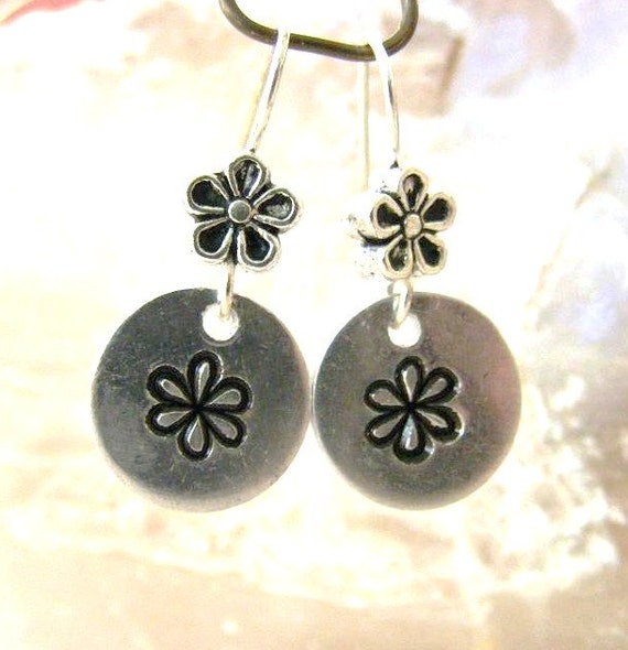 Hand Stamped Flower Dangle Earrings by meiguidesigns on Etsy