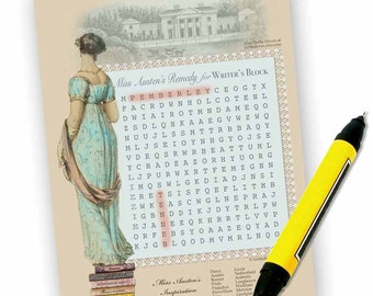 Download - Jane Austen Wordsearch Puzzle - Jane Austen Tea Game, Shower Game - Book Group Game - PDF or JPG