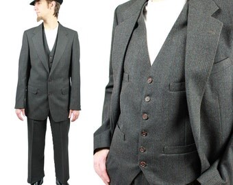 Vintage 3 Three Piece Suit 38L 33x32 Pinstripe Blazer Vest Pants Wool Dark Gray Free US Vintage 3 Three Piece Suit 38L 33x32 Pinstripe Blazer Vest Pants Wool Dark Gray Free US
