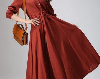 Red Linen Dress Loose Fitting with Pockets Long Sleeves Long