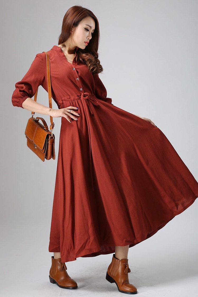 Rust red dress linen dress Casual dressmaxi dress shirt