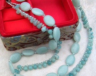 Beaded Double Strand Stone Statement Necklace, Blue Green Agate Necklace, Handmade Gemstone Jewelry