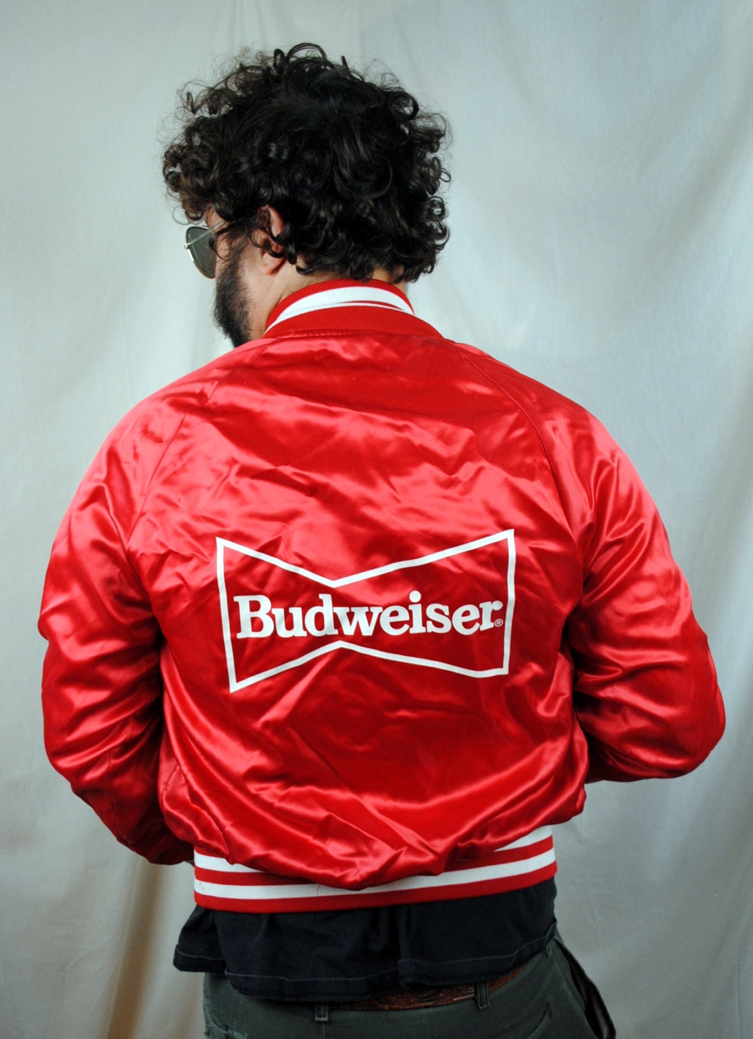 Rare 80s Vintage Budweiser Beer Red Ringer Satin Track Jacket