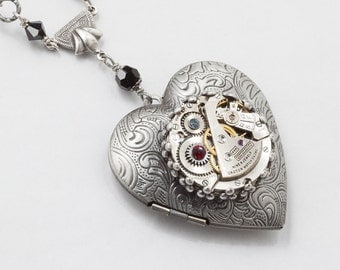 Steampunk jewelry Steampunk Necklace Heart Locket vintage watch movement gears black red garnet crystal silver leaf pendant Statement Gift