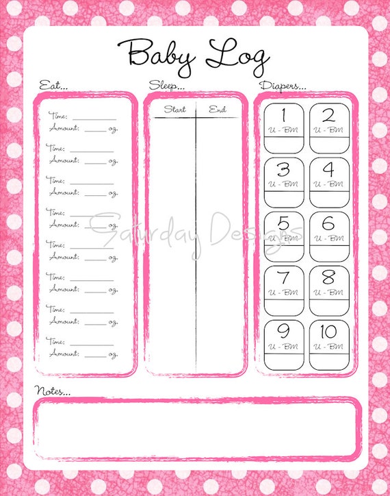 Printable Daily Log for Baby pink dots feeding by