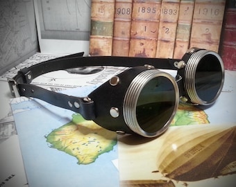 Steampunk Goggles Silver & Black Leather - The Commander , Dieselpunk, Adventurer, Time Traveller, Explorer, Airship, Kraken, Burning Man