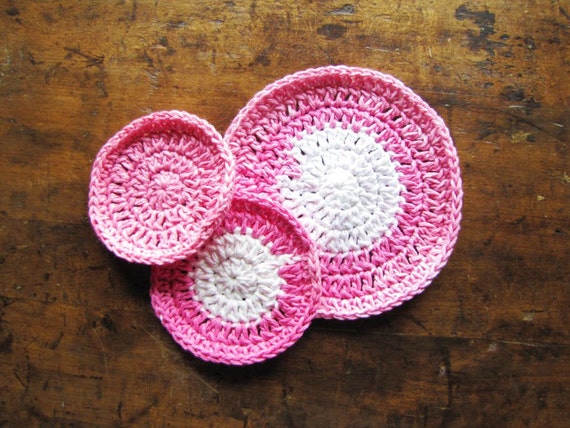 Crocheted Round Cotton Washcloths/Scrubbies - Strawberry Stripe, Pink, Spa Day, Bath, Body, Gift, 100% Cotton