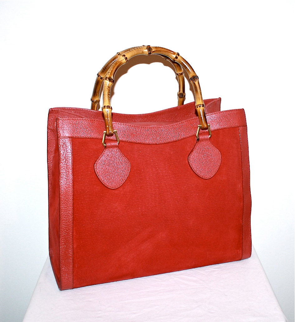 Vintage GUCCI Tote Bamboo Red Suede Leather Large Handbag